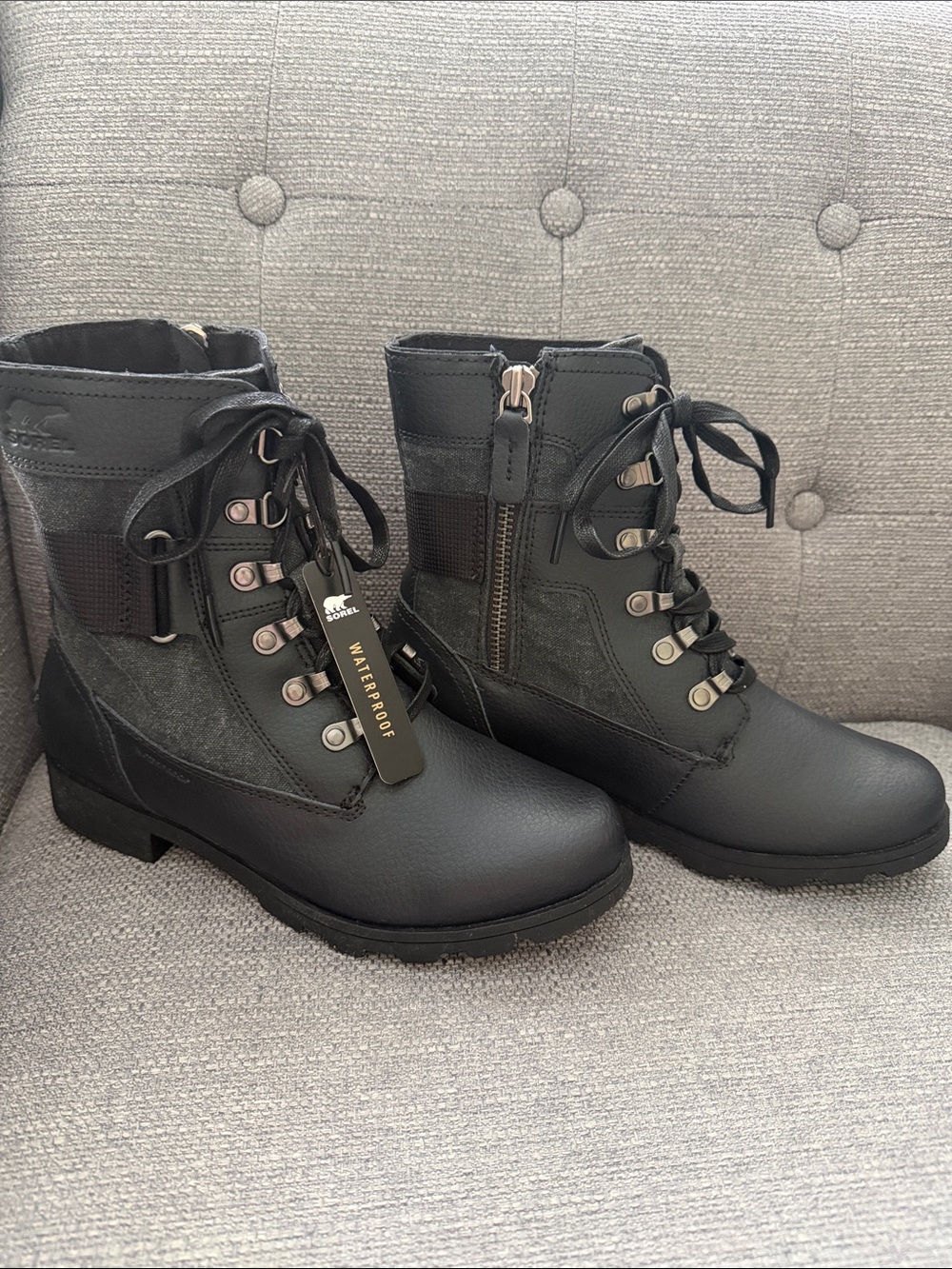 Sorel Emilie Conquest Black Lace-Up Waterproof Boots with Side Zip